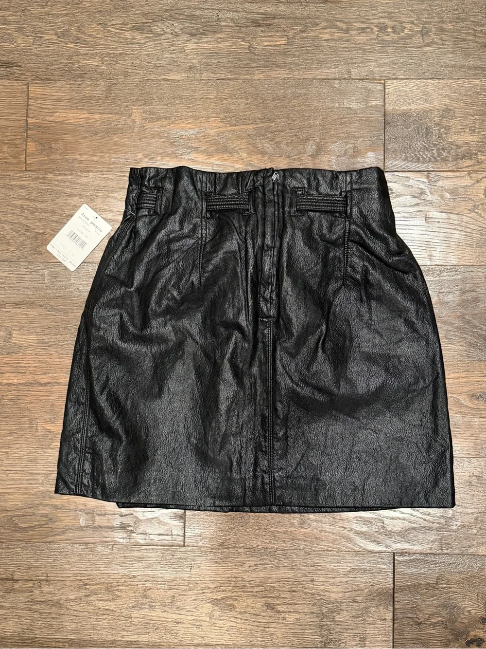 Free People Black Faux-Leather Mini Skirt with Paperbag Waist and Tie